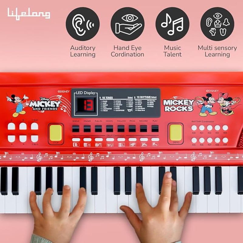 Lifelong Disney Mickey Electronic Piano Keyboard - 61-Key | Mic & One Side Speaker | 16 Tones, 10 Rhythms, 8 Percussions | Song Record, Finger Chord & Demo Modes | Microphone, USB Powered Lifelong Disney Mickey Electronic Piano Keyboard - 61-Key | Mic & One Side Speaker | 16 Tones, 10 Rhythms, 8 Percussions | Song Record, Finger Chord & Demo Modes | Microphone, USB Powered