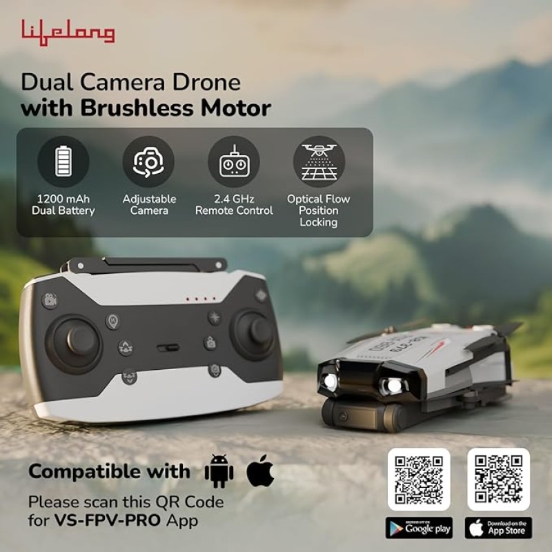 Lifelong Foldable Drone Toy for Kids | Dual VGA Camera |30 Mins Fly Time - 2 Batteries| 120� Wide Angle, 360� Flip, Altitude Hold |2X 1200mAh Batteries, App Control | Brushless Motor, 200-250ft Range Lifelong Foldable Drone Toy for Kids | Dual VGA Camera |30 Mins Fly Time - 2 Batteries| 120� Wide Angle, 360� Flip, Altitude Hold |2X 1200mAh Batteries, App Control | Brushless Motor, 200-250ft Range