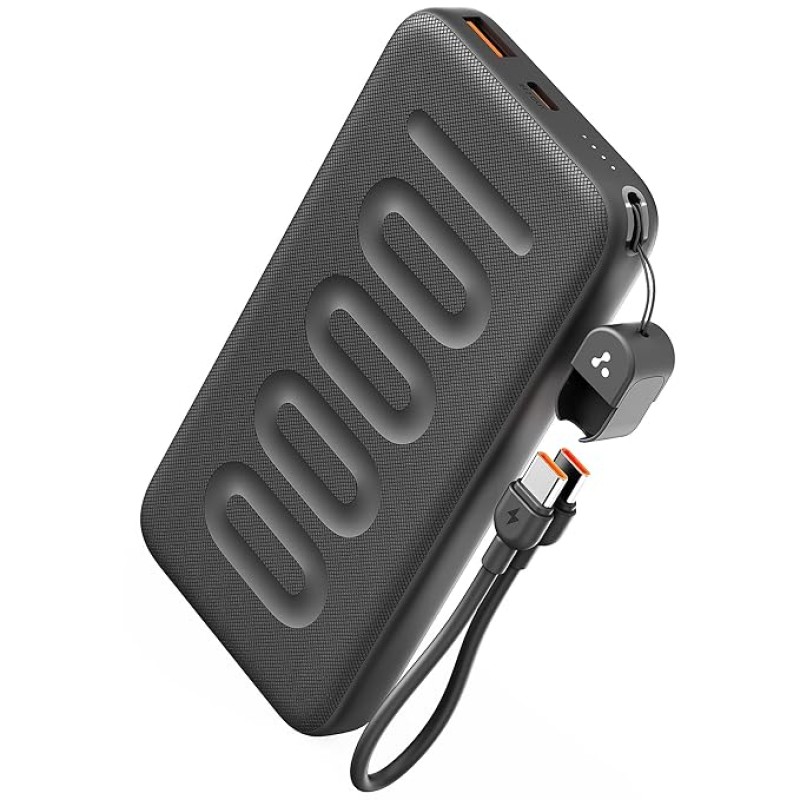 Ambrane 10000mAh Slim & Compact Powerbank with in-Build Type C Cable, 22.5W Fast Charging, USB & Type C Output, Power Delivery, Quick Charge for iPhone, Android & Tablets, Earbuds, (Stylo N10,Black)