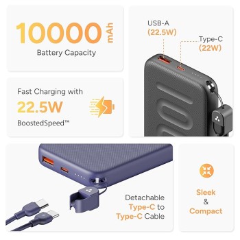 Ambrane 10000mAh Slim & Compact Powerbank with in-Build Type C Cable, 22.5W Fast Charging, USB & Type C Output, Power Delivery, Quick Charge for iPhone, Android & Tablets, Earbuds, (Stylo N10,Black) Ambrane 10000mAh Slim & Compact Powerbank with in-Build Type C Cable, 22.5W Fast Charging, USB & Type C Output, Power Delivery, Quick Charge for iPhone, Android & Tablets, Earbuds, (Stylo N10,Black)