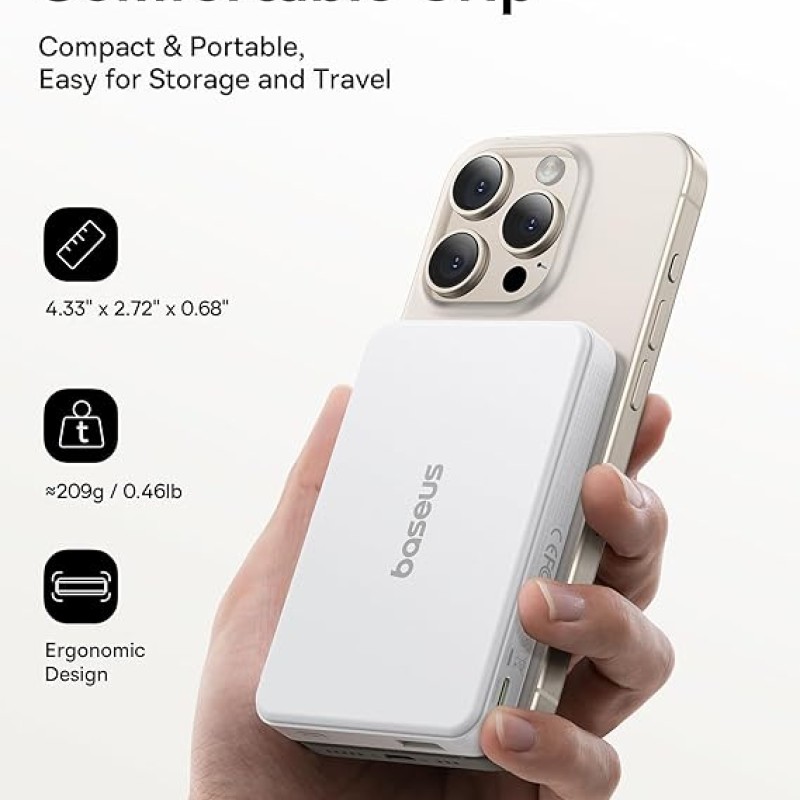 Baseus Airpow II Qi2 Magnetic Wireless Power Bank 10000mAh � 22.5W Fast Charging, MagSafe Compatible, Type-C Cable Included � Moon White