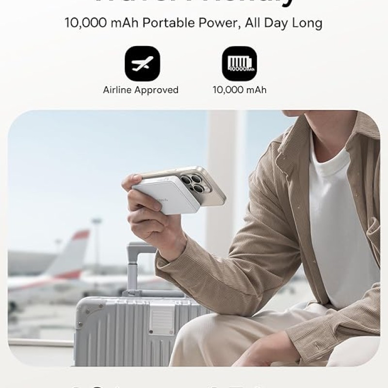 Baseus Airpow II Qi2 Magnetic Wireless Power Bank 10000mAh � 22.5W Fast Charging, MagSafe Compatible, Type-C Cable Included � Moon White