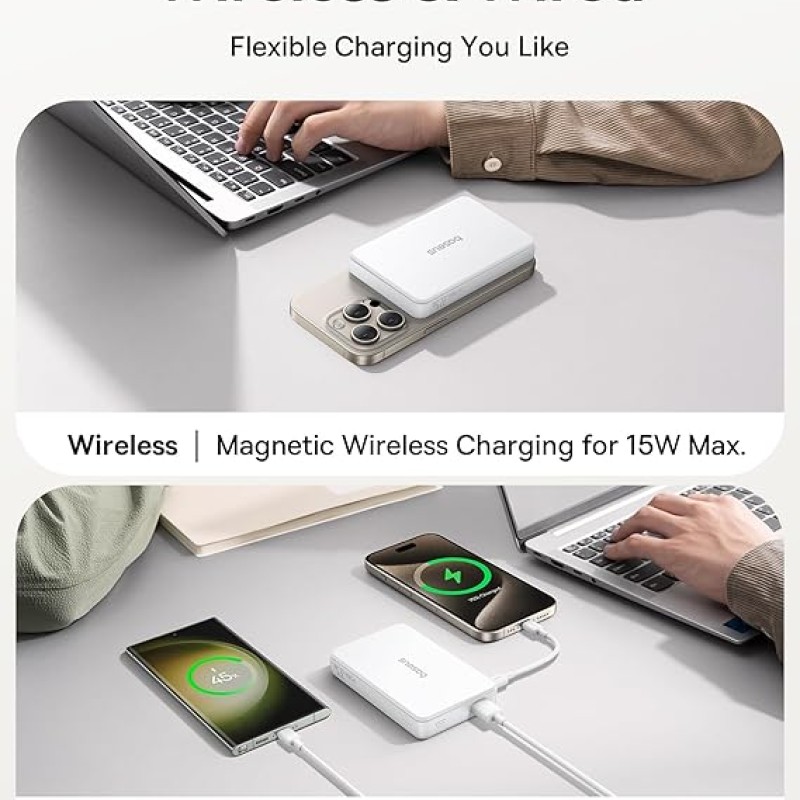 Baseus Airpow II Qi2 Magnetic Wireless Power Bank 10000mAh � 22.5W Fast Charging, MagSafe Compatible, Type-C Cable Included � Moon White