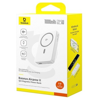 Baseus Airpow II Qi2 Magnetic Wireless Power Bank 10000mAh � 22.5W Fast Charging, MagSafe Compatible, Type-C Cable Included � Moon White Baseus Airpow II Qi2 Magnetic Wireless Power Bank 10000mAh � 22.5W Fast Charging, MagSafe Compatible, Type-C Cable Included � Moon White