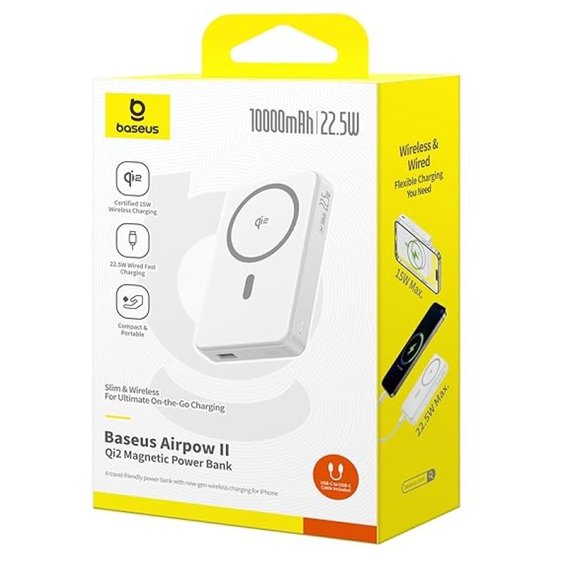 Baseus Airpow II Qi2 Magnetic Wireless Power Bank 10000mAh � 22.5W Fast Charging, MagSafe Compatible, Type-C Cable Included � Moon White