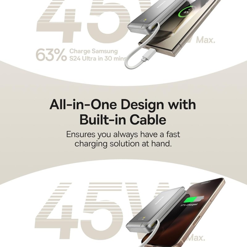 Baseus Nomos Qi2 10000mAh 45W Magnetic Wireless Power Bank � Built-in USB-C Cable, PD Fast Charging, Kickstand Design � Lunar Gray