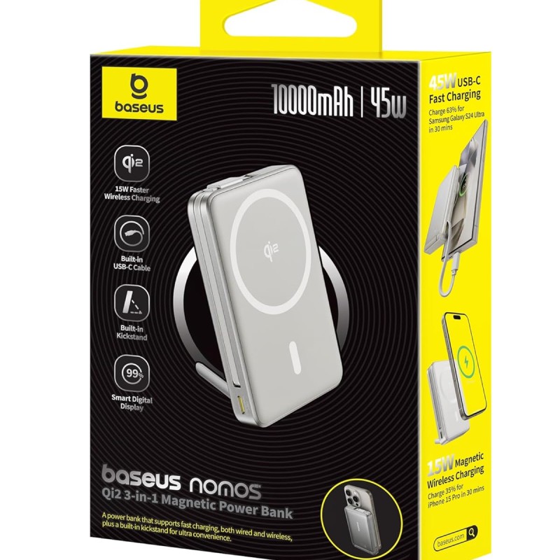 Baseus Nomos Qi2 10000mAh 45W Magnetic Wireless Power Bank � Built-in USB-C Cable, PD Fast Charging, Kickstand Design � Lunar Gray