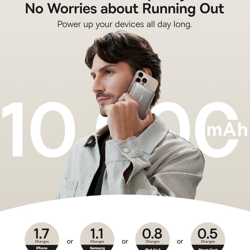 Baseus Nomos Qi2 10000mAh 45W Magnetic Wireless Power Bank � Built-in USB-C Cable, PD Fast Charging, Kickstand Design � Lunar Gray