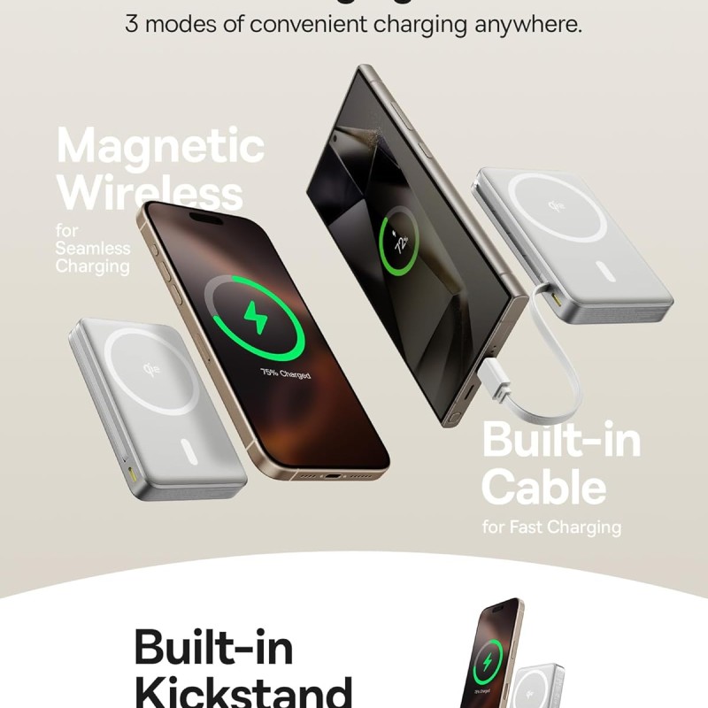 Baseus Nomos Qi2 10000mAh 45W Magnetic Wireless Power Bank � Built-in USB-C Cable, PD Fast Charging, Kickstand Design � Lunar Gray