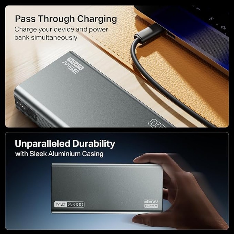 boAt Newly Launched PB435 Turbo 35W Power Bank with 20000mAh Battery, 35W 2-Way Super Fast Charging | 12-Layer Smart IC Protection | Triple Output & Dual Input in Sleek Aluminium Casing(Stone Grey) boAt Newly Launched PB435 Turbo 35W Power Bank with 20000mAh Battery, 35W 2-Way Super Fast Charging | 12-Layer Smart IC Protection | Triple Output & Dual Input in Sleek Aluminium Casing(Stone Grey)