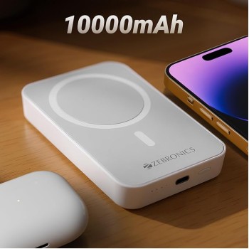 ZEBRONICS MW63 Wireless Power Bank, 10000 mAh, Rapid Charge, Magsafe, Outputs - 20W Wired | 15W Wireless, Type C PD, Built in Protections, LED Indicator, Compatible with iPhone, Made in India ZEBRONICS MW63 Wireless Power Bank, 10000 mAh, Rapid Charge, Magsafe, Outputs - 20W Wired | 15W Wireless, Type C PD, Built in Protections, LED Indicator, Compatible with iPhone, Made in India