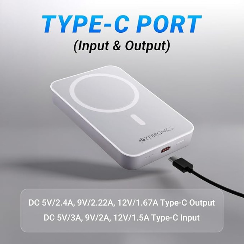 ZEBRONICS MW63 Wireless Power Bank, 10000 mAh, Rapid Charge, Magsafe, Outputs - 20W Wired | 15W Wireless, Type C PD, Built in Protections, LED Indicator, Compatible with iPhone, Made in India ZEBRONICS MW63 Wireless Power Bank, 10000 mAh, Rapid Charge, Magsafe, Outputs - 20W Wired | 15W Wireless, Type C PD, Built in Protections, LED Indicator, Compatible with iPhone, Made in India