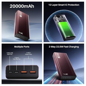 boAt Energyshroom PB401 20000mAh Power Bank| Micro USB and Type C (2-Way Input Ports), 22.5W, 3X Output Ports, Compatible with Tablets, Smartphones, Earbuds, Smartwatch (Wine Red) boAt Energyshroom PB401 20000mAh Power Bank| Micro USB and Type C (2-Way Input Ports), 22.5W, 3X Output Ports, Compatible with Tablets, Smartphones, Earbuds, Smartwatch (Wine Red)