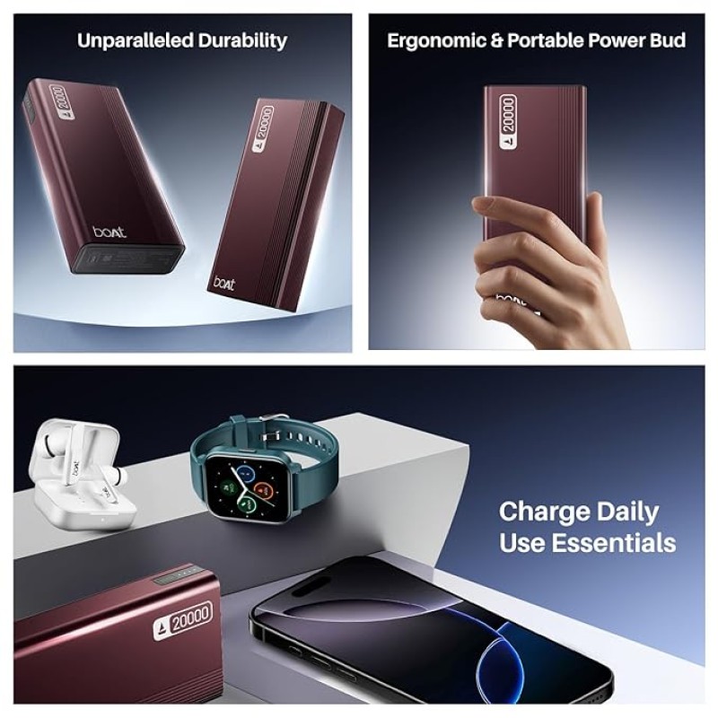 boAt Energyshroom PB401 20000mAh Power Bank| Micro USB and Type C (2-Way Input Ports), 22.5W, 3X Output Ports, Compatible with Tablets, Smartphones, Earbuds, Smartwatch (Wine Red) boAt Energyshroom PB401 20000mAh Power Bank| Micro USB and Type C (2-Way Input Ports), 22.5W, 3X Output Ports, Compatible with Tablets, Smartphones, Earbuds, Smartwatch (Wine Red)