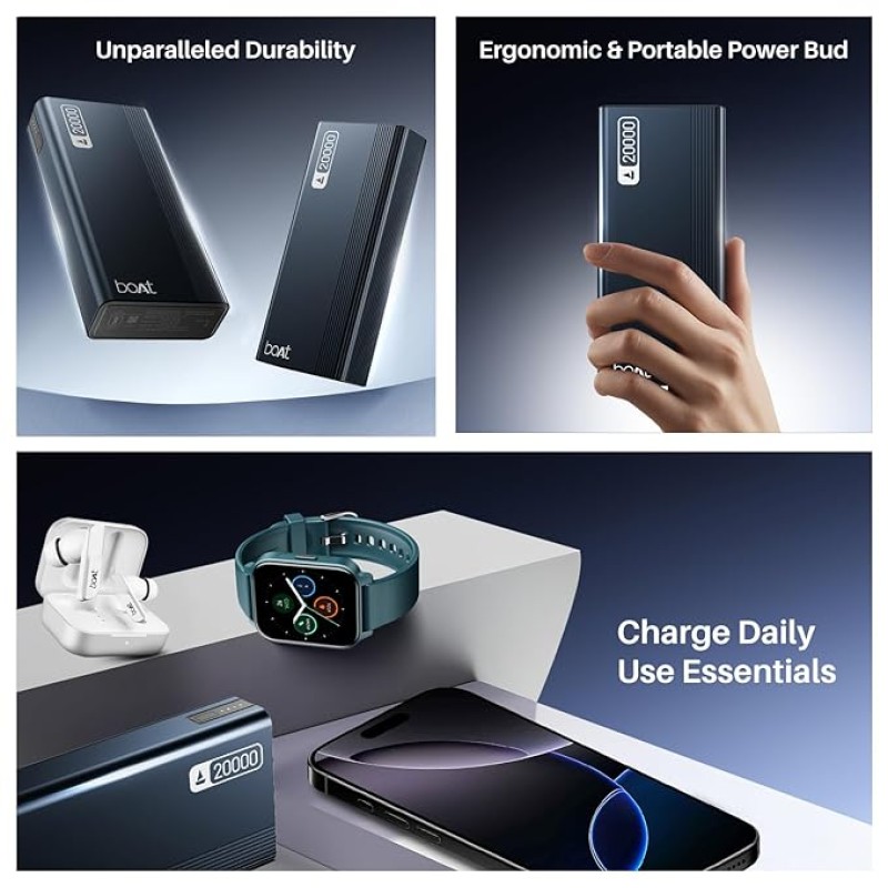 boAt Energyshroom PB401 20000mAh Power Bank| Micro USB and Type C (2-Way Input Ports), 22.5W, 3X Output Ports, Compatible with Tablets, Smartphones, Earbuds, Smartwatch (Midnight Blue) boAt Energyshroom PB401 20000mAh Power Bank| Micro USB and Type C (2-Way Input Ports), 22.5W, 3X Output Ports, Compatible with Tablets, Smartphones, Earbuds, Smartwatch (Midnight Blue)