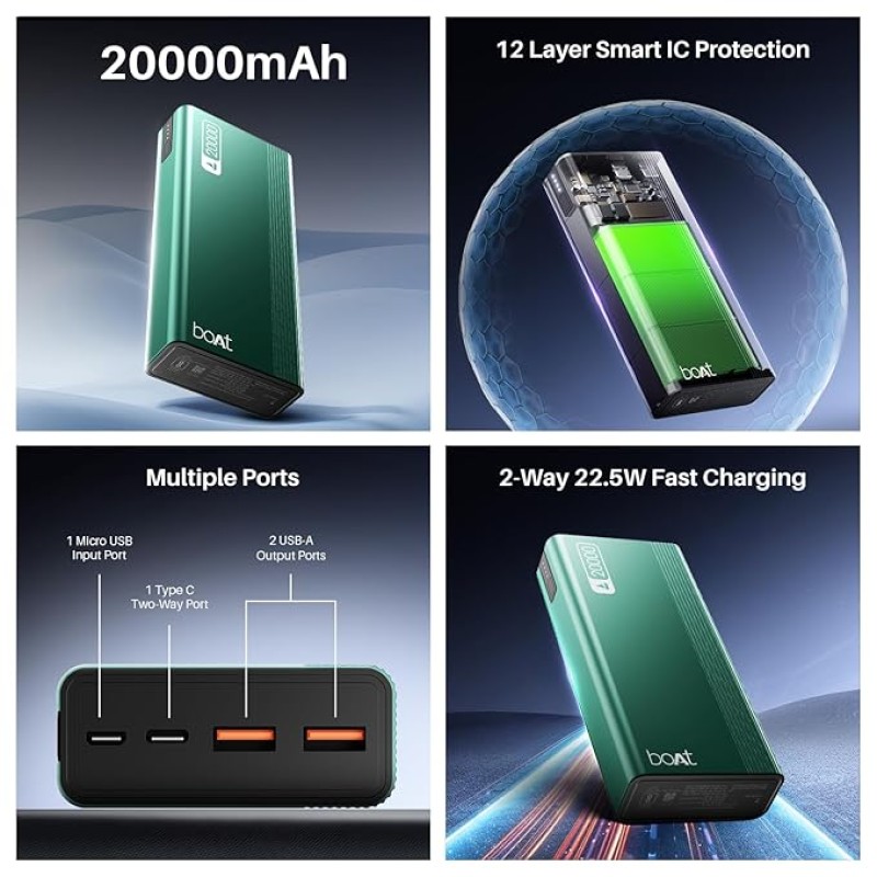 boAt Energyshroom PB401 20000mAh Power Bank| Micro USB and Type C (2-Way Input Ports), 22.5W, 3X Output Ports, Compatible with Tablets, Smartphones, Earbuds, Smartwatch (Pine Green) boAt Energyshroom PB401 20000mAh Power Bank| Micro USB and Type C (2-Way Input Ports), 22.5W, 3X Output Ports, Compatible with Tablets, Smartphones, Earbuds, Smartwatch (Pine Green)