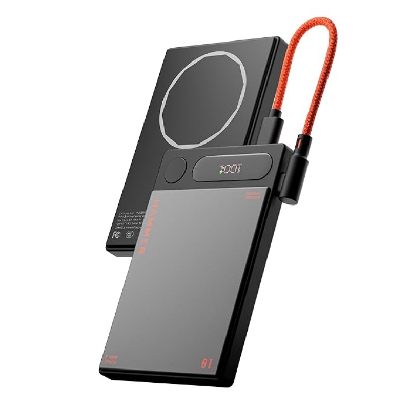 HAMMER 10000mAh MagSafe Power Bank, 15W Wireless Charging (MagSafe & Qi), 22.5W PD/PPS Fast Wired Charging, LED Display, iPhone 12 & Above, Metallic Finish, Magnetic Ring Included, Made in India HAMMER 10000mAh MagSafe Power Bank, 15W Wireless Charging (MagSafe & Qi), 22.5W PD/PPS Fast Wired Charging, LED Display, iPhone 12 & Above, Metallic Finish, Magnetic Ring Included, Made in India