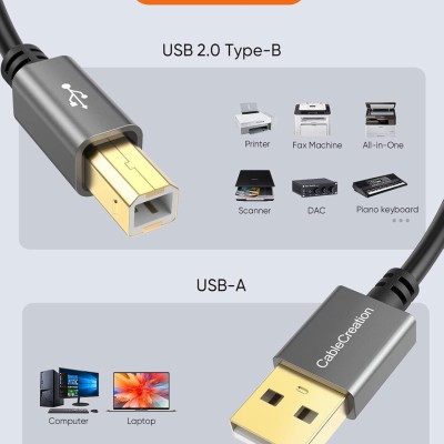 CableCreation USB Printer Cable, USB 2.0 A Male to B Male Scanner Cord, Compatible with, Cannon, Brother, Epson, Xerox, Samsung and More, 5 FT, Aluminium Case, Black