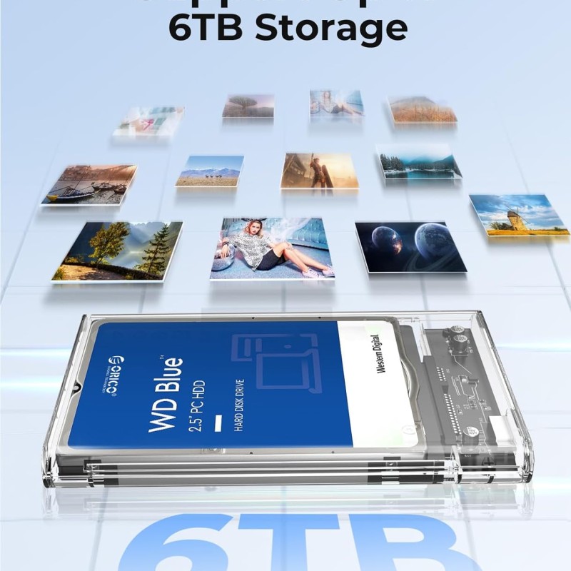 ORICO 2.5" External Hard Drive Enclosure, SATA III to USB Type-C for HDD/SSD - Tool Free Installation, Transparent Design, Supports UASP and up to 4TB ORICO 2.5" External Hard Drive Enclosure, SATA III to USB Type-C for HDD/SSD - Tool Free Installation, Transparent Design, Supports UASP and up to 4TB