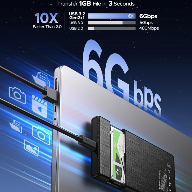 ORICO 2.5 External Hard Drive Enclosure, SATA III to USB Type C for HDD/SSD Below 9.5mm Thickness, Tool Free Installation, [Supports UASP] - Black