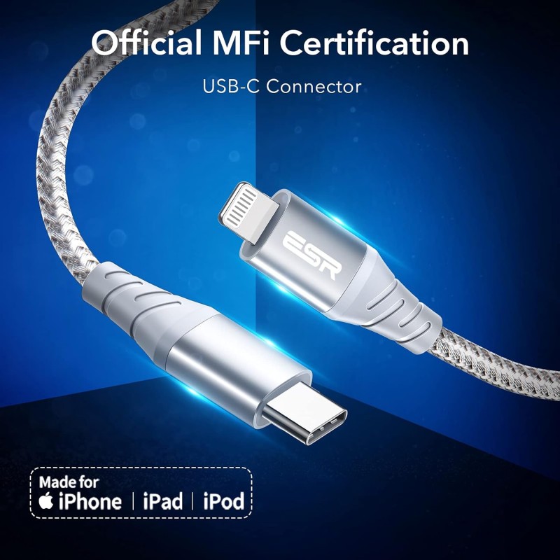Esr Usb-C To Lightning Cable, (1 Meter, Mfi-Certified), Pd Fast Charging Adapter Cable For Iphone 13/13 Mini/13 Pro/13 Pro Max/12/12 Mini/12 Pro/12 Pro Max/Se 2022/11/Xr,Braided Nylon,(Pack of 1),Silver Esr Usb-C To Lightning Cable, (1 Meter, Mfi-Certified), Pd Fast Charging Adapter Cable For Iphone 13/13 Mini/13 Pro/13 Pro Max/12/12 Mini/12 Pro/12 Pro Max/Se 2022/11/Xr,Braided Nylon,(Pack of 1),Silver