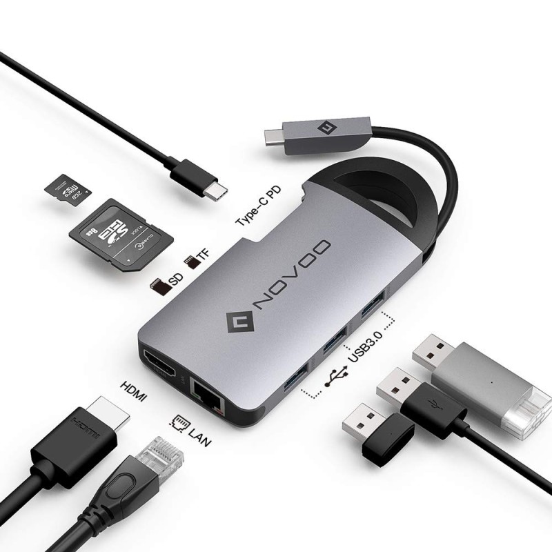 NOVOO 8 in 1 Pocket Friendly 3 USB 3.0 Ports, SD/TF Card Reader, 1000M Ethernet USB C Power Delivery PD 60W HDMI 4K Adapter (Space Grey, NVHUBCXGY8PLX-US) NOVOO 8 in 1 Pocket Friendly 3 USB 3.0 Ports, SD/TF Card Reader, 1000M Ethernet USB C Power Delivery PD 60W HDMI 4K Adapter (Space Grey, NVHUBCXGY8PLX-US)