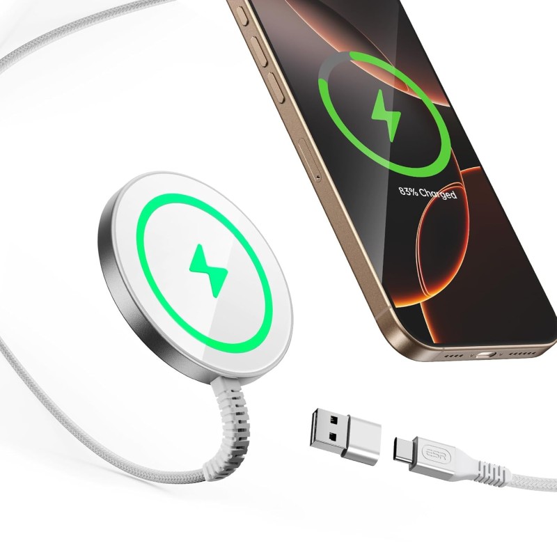 ESR Magnetic Wireless Charger, Compatible with Magsafe Charger, Compatible with iPhone 16/15/14/13/12 Series, AirPods 4/3/AirPods Pro, Strong Magnetic Lock, Reinforced Braided Nylon Cable, Silver ESR Magnetic Wireless Charger, Compatible with Magsafe Charger, Compatible with iPhone 16/15/14/13/12 Series, AirPods 4/3/AirPods Pro, Strong Magnetic Lock, Reinforced Braided Nylon Cable, Silver