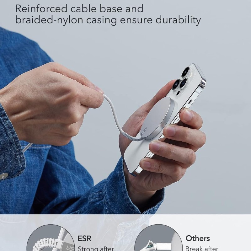 ESR Magnetic Wireless Charger, Compatible with Magsafe Charger, Compatible with iPhone 16/15/14/13/12 Series, AirPods 4/3/AirPods Pro, Strong Magnetic Lock, Reinforced Braided Nylon Cable, Silver ESR Magnetic Wireless Charger, Compatible with Magsafe Charger, Compatible with iPhone 16/15/14/13/12 Series, AirPods 4/3/AirPods Pro, Strong Magnetic Lock, Reinforced Braided Nylon Cable, Silver