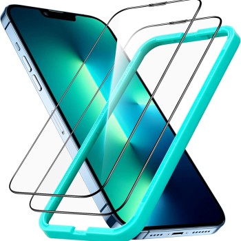 ESR Armorite Screen Protector Compatible with iPhone 13 Pro Max,110 lb of Force Resistance, Ultra-Tough Tempered-Glass with Speaker Shield, Easy Installation Frame, 2 Pack