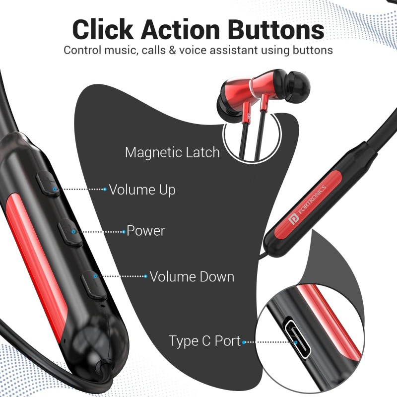 Portronics Harmonics Z3 Wireless Bluetooth 5.3 Neckband in Ear Earphones with Mic, 30 Hrs Playtime, Magnetic Latch, IPX5 Water Resistant, Type C Fast Charging(Red) Portronics Harmonics Z3 Wireless Bluetooth 5.3 Neckband in Ear Earphones with Mic, 30 Hrs Playtime, Magnetic Latch, IPX5 Water Resistant, Type C Fast Charging(Red)