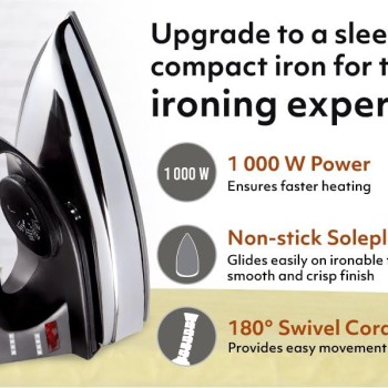 USHA Aluminium Ei 2802 1000 Watts Ultra Light Weight Dry Iron With Non-Stick Soleplate (White)