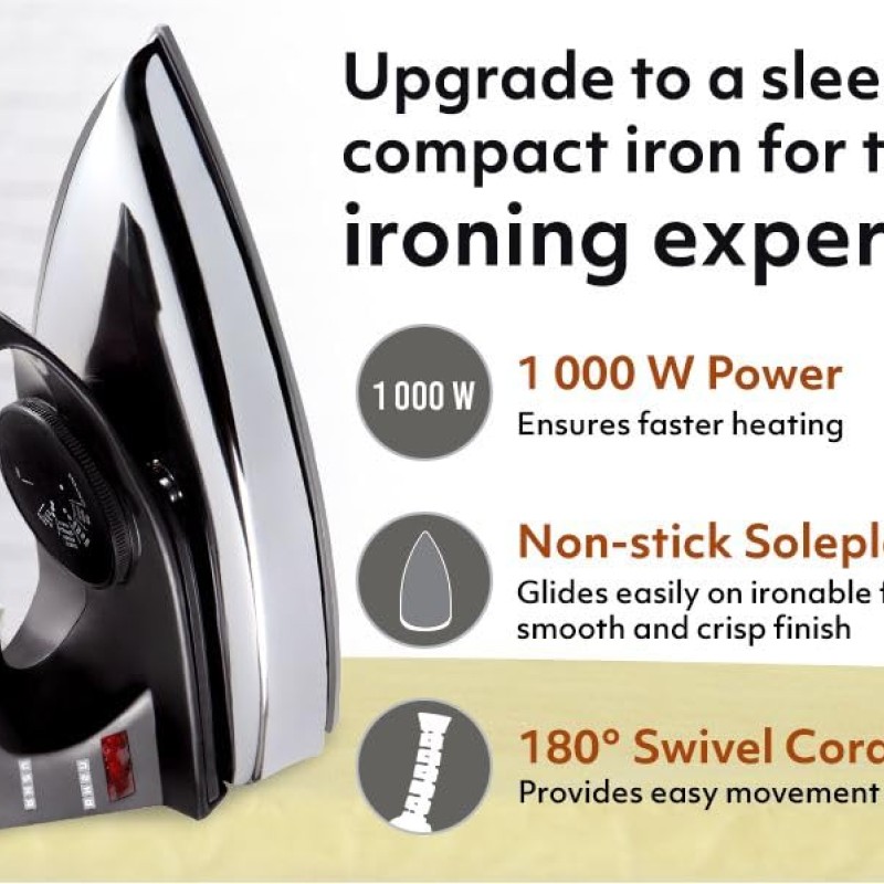 USHA Aluminium Ei 2802 1000 Watts Ultra Light Weight Dry Iron With Non-Stick Soleplate (White)