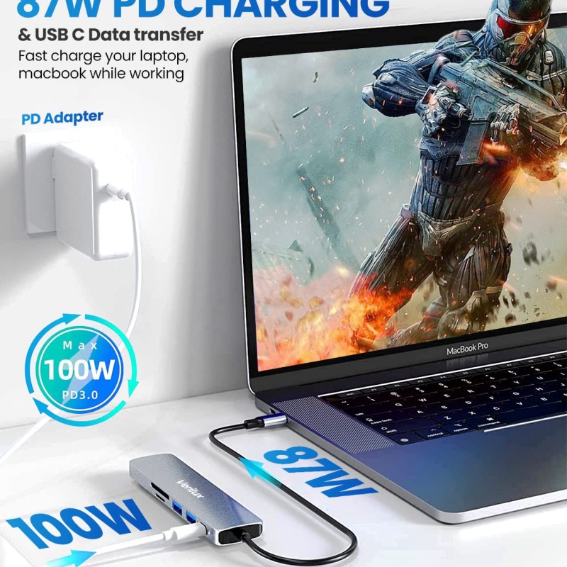 Verilux ® USB C Hub Multiport Adapter 6 in 1 Portable Aluminum USB Extender Verilux ® USB C Hub Multiport Adapter 6 in 1 Portable Aluminum USB Extender