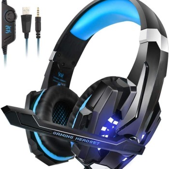 Kotion Each: Over The Ear Wired Headsets With Mic & Led - G9000 Edition For Pc/Ipad/Iphone/Tablets/Mobile Phones (Black/Blue)
