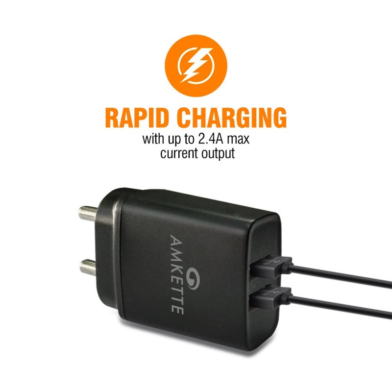 Amkette PowerPro Smart Dual Port Wall Charger MicroUSB Cable Included (2.4 Amperes) (Black) Amkette PowerPro Smart Dual Port Wall Charger MicroUSB Cable Included (2.4 Amperes) (Black)