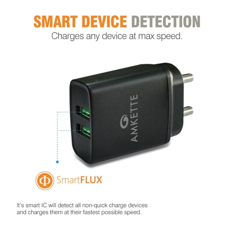 Amkette PowerPro Smart Dual Port Wall Charger MicroUSB Cable Included (2.4 Amperes) (Black) Amkette PowerPro Smart Dual Port Wall Charger MicroUSB Cable Included (2.4 Amperes) (Black)