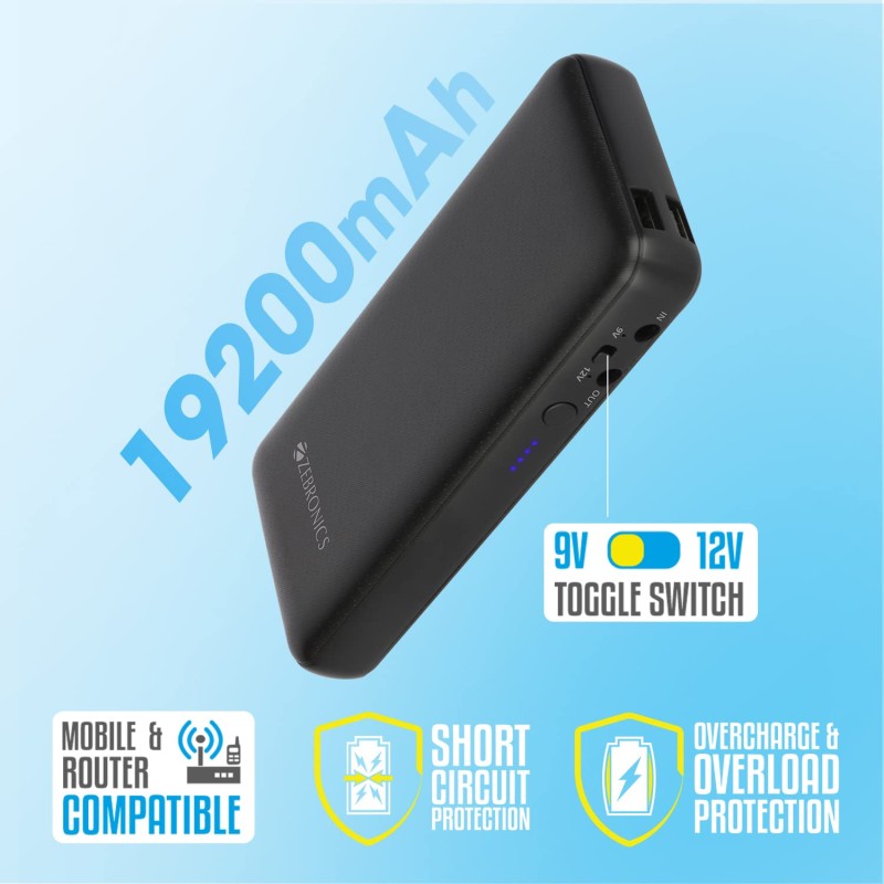 ZEBRONICS ZEB-M24Q27 Router UPS with 19200mAh, 48W max, Built-in protections, LED Indicator, DC 12V/9V/5V Input Output Support ZEBRONICS ZEB-M24Q27 Router UPS with 19200mAh, 48W max, Built-in protections, LED Indicator, DC 12V/9V/5V Input Output Support