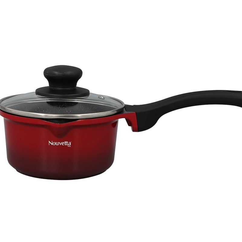 Nouvetta Die Cast Induction Base Non Stick Sauce/Milk Pan with Glass Lid, 16 cm, Thickness 4.5 mm, Red & Black Nouvetta Die Cast Induction Base Non Stick Sauce/Milk Pan with Glass Lid, 16 cm, Thickness 4.5 mm, Red & Black