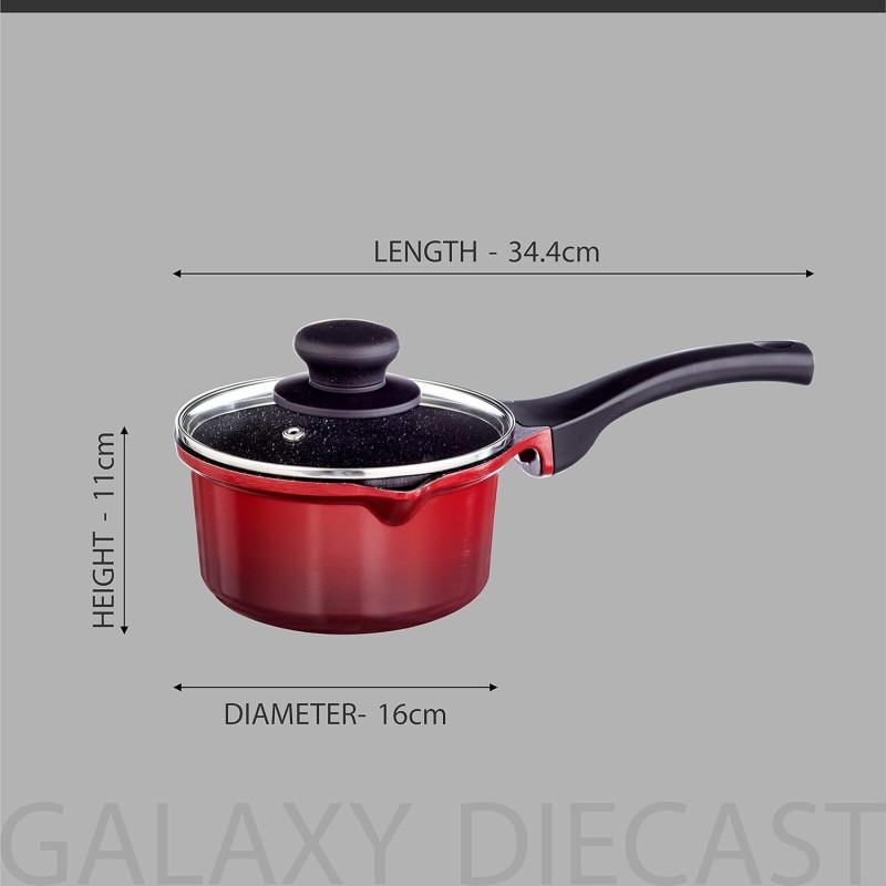 Nouvetta Die Cast Induction Base Non Stick Sauce/Milk Pan with Glass Lid, 16 cm, Thickness 4.5 mm, Red & Black Nouvetta Die Cast Induction Base Non Stick Sauce/Milk Pan with Glass Lid, 16 cm, Thickness 4.5 mm, Red & Black