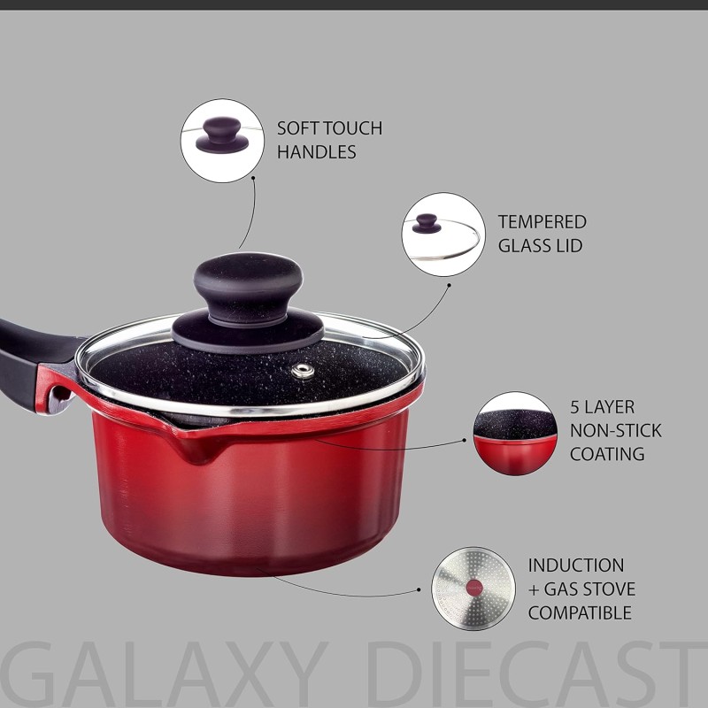 Nouvetta Die Cast Induction Base Non Stick Sauce/Milk Pan with Glass Lid, 16 cm, Thickness 4.5 mm, Red & Black Nouvetta Die Cast Induction Base Non Stick Sauce/Milk Pan with Glass Lid, 16 cm, Thickness 4.5 mm, Red & Black