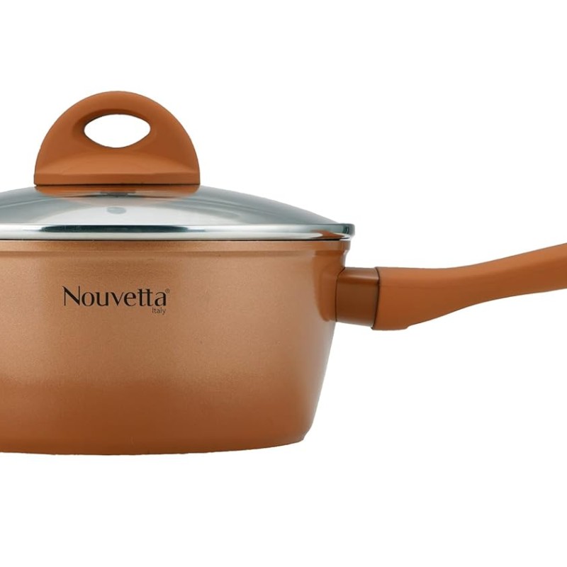 Nouvetta Flame Guard Induction Base Non Stick Sauce/Milk Pan with Glass Lid, 16 cm, Thickness 3.5 mm, Copper Nouvetta Flame Guard Induction Base Non Stick Sauce/Milk Pan with Glass Lid, 16 cm, Thickness 3.5 mm, Copper