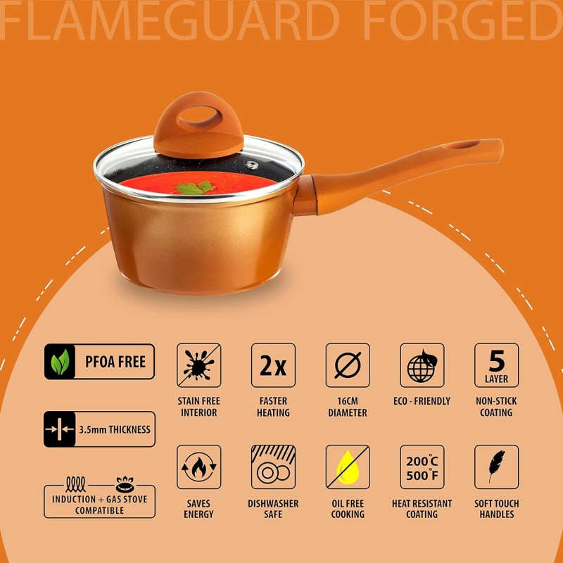 Nouvetta Flame Guard Induction Base Non Stick Sauce/Milk Pan with Glass Lid, 16 cm, Thickness 3.5 mm, Copper Nouvetta Flame Guard Induction Base Non Stick Sauce/Milk Pan with Glass Lid, 16 cm, Thickness 3.5 mm, Copper