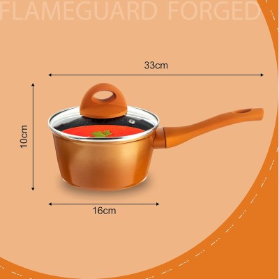 Nouvetta Flame Guard Induction Base Non Stick Sauce/Milk Pan with Glass Lid, 16 cm, Thickness 3.5 mm, Copper Nouvetta Flame Guard Induction Base Non Stick Sauce/Milk Pan with Glass Lid, 16 cm, Thickness 3.5 mm, Copper