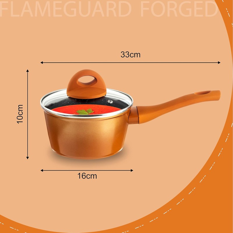 Nouvetta Flame Guard Induction Base Non Stick Sauce/Milk Pan with Glass Lid, 16 cm, Thickness 3.5 mm, Copper Nouvetta Flame Guard Induction Base Non Stick Sauce/Milk Pan with Glass Lid, 16 cm, Thickness 3.5 mm, Copper