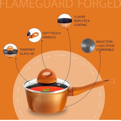 Nouvetta Flame Guard Induction Base Non Stick Sauce/Milk Pan with Glass Lid, 16 cm, Thickness 3.5 mm, Copper Nouvetta Flame Guard Induction Base Non Stick Sauce/Milk Pan with Glass Lid, 16 cm, Thickness 3.5 mm, Copper