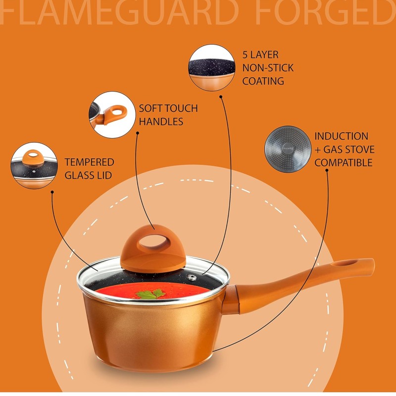 Nouvetta Flame Guard Induction Base Non Stick Sauce/Milk Pan with Glass Lid, 16 cm, Thickness 3.5 mm, Copper Nouvetta Flame Guard Induction Base Non Stick Sauce/Milk Pan with Glass Lid, 16 cm, Thickness 3.5 mm, Copper