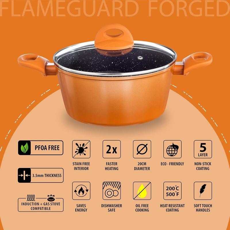 Nouvetta Flame Guard Forged Casserole with Lid (20 cm) and 3.5mm Thickness, Copper Nouvetta Flame Guard Forged Casserole with Lid (20 cm) and 3.5mm Thickness, Copper