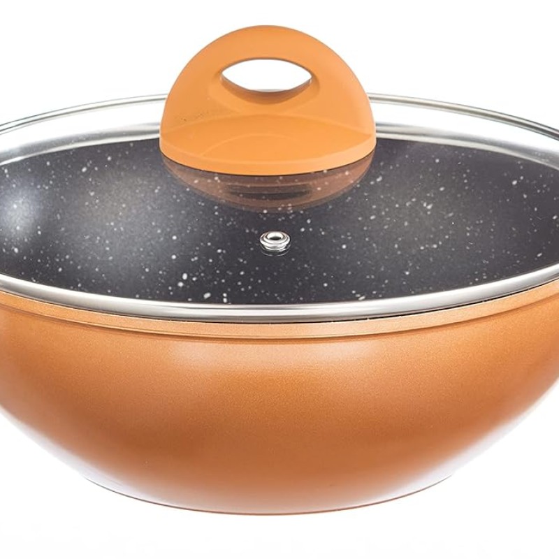 Nouvetta Flame Guard Forged Non Stick Kadhai with Glass Lid (24 cm, 3 Coat, 3.5mm Thickness), Copper