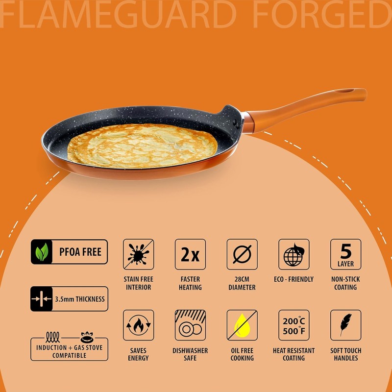 Nouvetta Flame Guard Forged Non-Stick Tawa with 2-Way Non-Stick Coating, 28cm (Induction and Gas Stove Compatible), Copper Nouvetta Flame Guard Forged Non-Stick Tawa with 2-Way Non-Stick Coating, 28cm (Induction and Gas Stove Compatible), Copper