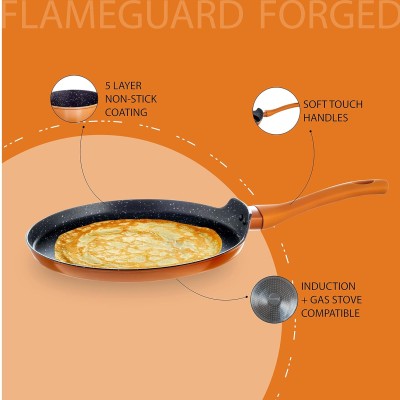 Nouvetta Flame Guard Forged Non-Stick Tawa with 2-Way Non-Stick Coating, 28cm (Induction and Gas Stove Compatible), Copper